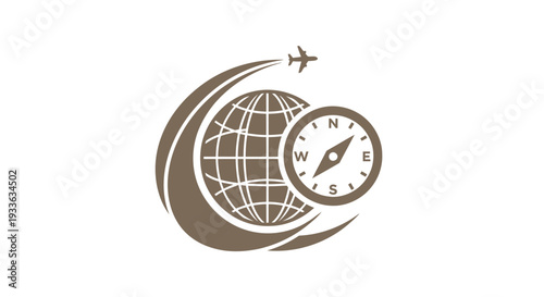 Global Travel and Navigation Compass with Airplane Icon.
