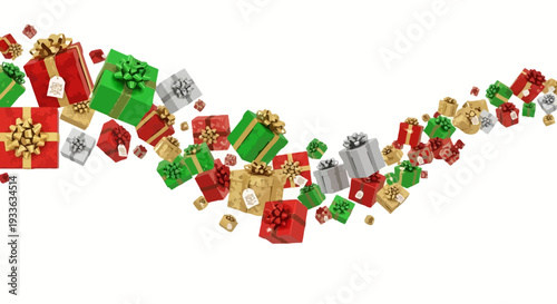 Vibrant Gifts and Decorations forming a festive curved arrangement on a clean background viewed from directly above