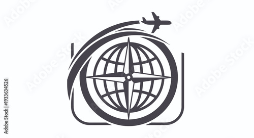 Global Travel and Tourism Emblem with Airplane and Compass Rose.