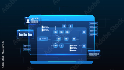 AI workflow automation artificial intelligence.ai agent workflow desktop with document management, user panels, and automated file processing flow.