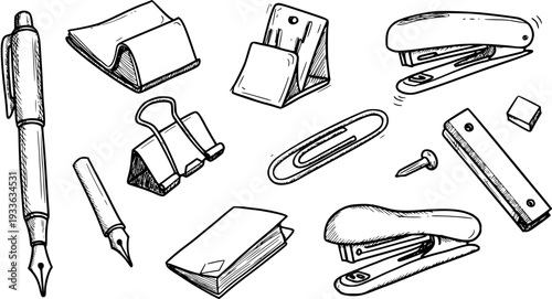 Hand-drawn doodle set of various office and school supplies, including fountain pen, staplers, paper clip, binder clip, sticky notes, ruler, and other stationery.