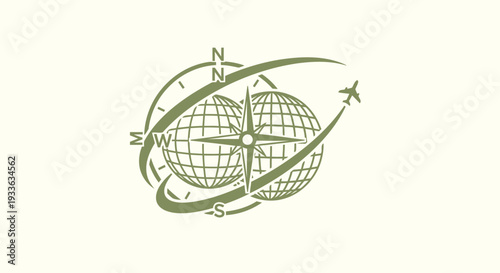 Global Travel and Navigation Compass with Airplane Icon.