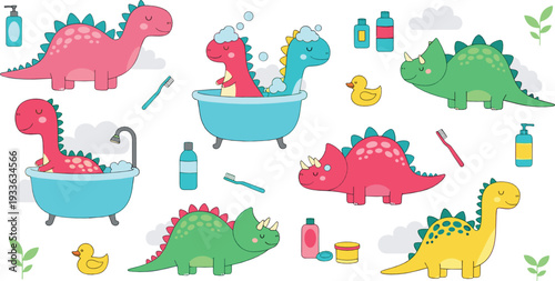 Cute baby dinosaurs bath time vector set with cartoon dino characters, bathtub, soap and hygiene elements