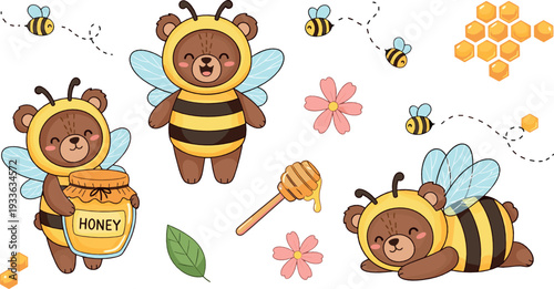 Cute bear bees vector illustration set with honey jar, honeycomb, flowers and kawaii cartoon characters
