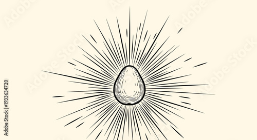 Simple black and white illustration of an egg surrounded by sunburst rays.