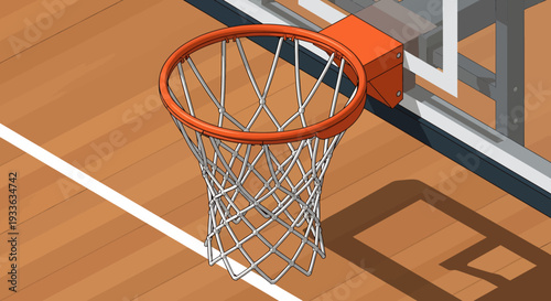 Basketball hoop on a court with a wooden floor and white lines.
