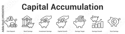 Capital Accumulation web banner icon set vector illustration concept for business with icon of Coin Deposit, Bank Savings, Investment Savings, Capital Growth, Savings Target, Savings Grow.