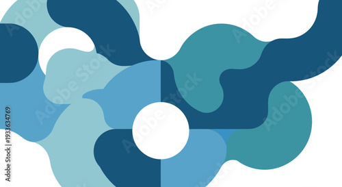 Abstract blue shapes forming a circular pattern on white background.