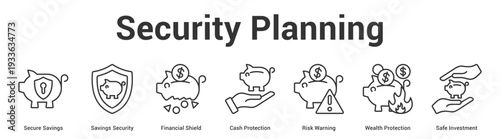 Security Planning web banner icon set vector illustration concept for business with icon of Secure Savings, Savings Security, Financial Shield, Cash Protection, Risk Warning, Wealth Protecti.