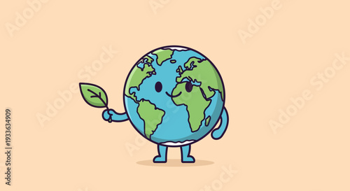 Cartoon globe character holding a green leaf.