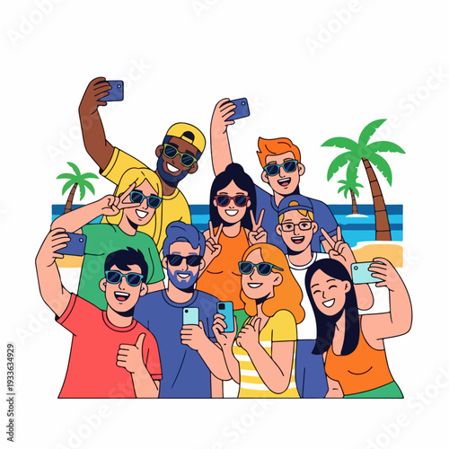Happy diverse group of friends taking selfies on a tropical beach vacation, enjoying summer holidays and capturing joyful memories together.