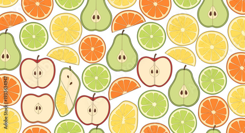 Colorful cartoon fruits pattern with smiling faces on white background.