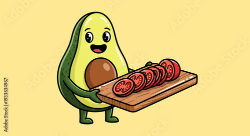 Cartoon Avocado Character Holding Sliced Avocados on a Wooden Board.