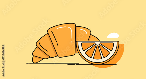 Simple illustration of croissant and orange slice on yellow background.
