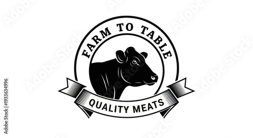 Farm to Table Quality Meats Black Cow Logo Emblem.