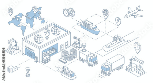 Global Logistics and Supply Chain Network Isometric Illustration.