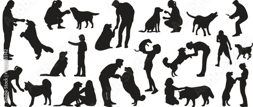 PrintBlack Silhouettes of People Interacting with Dogs Including Training Playing Feeding and Bonding for Pet Care Lifestyle Concepts,