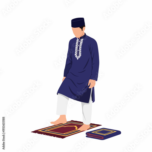 Muslim man in traditional attire standing on a prayer mat, observing Salat. Vector illustration of Islamic worship and devotion.