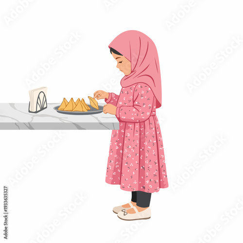 Adorable Muslim girl in pink hijab and floral dress picking a samosa from a plate on a table, a delightful moment of childhood snack time.