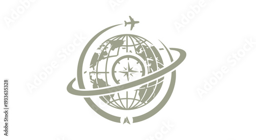 Global Travel and Exploration Emblem with Airplane and Compass.