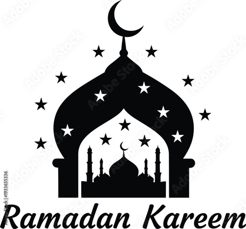 An illustration of a mosque silhouette with stars and crescent moon symbolizing Ramadan Kareem celebration at night