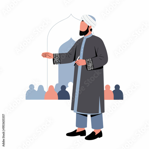 Muslim Imam or Scholar Giving a Lecture or Sermon to an Audience in a Mosque Setting, Representing Islamic Education and Religious Discourse.