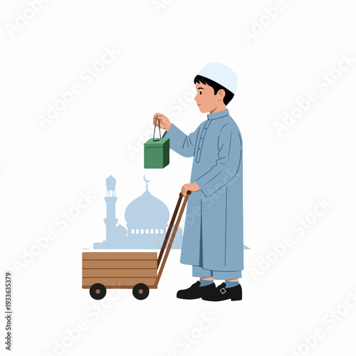Young Muslim boy with kufi and thobe, pushing a cart and holding a charity donation box, against a mosque silhouette, symbolizing Islamic generosity and community support.