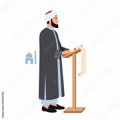 Traditional Muslim man in turban and robe reading an ancient scroll from a wooden lectern, with a mosque silhouette in the background.