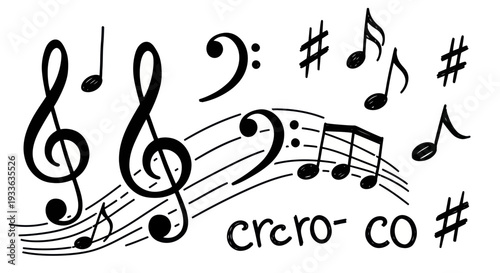 Hand drawn musical notes and symbols on a white background.