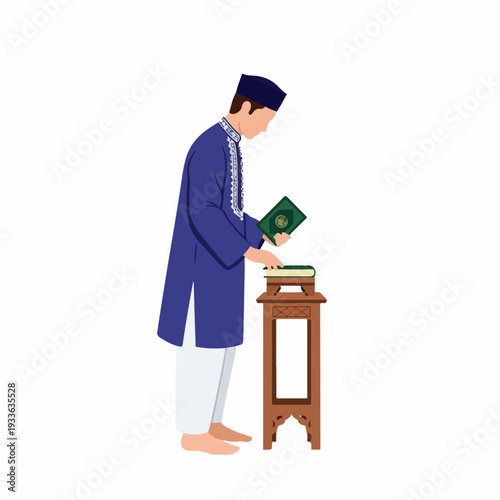 Muslim man reverently holding Quran and placing hand on holy book on traditional stand, symbolizing Islamic devotion and study.