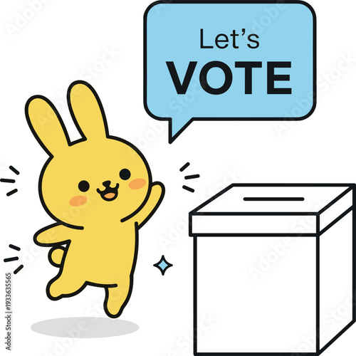 Cute Cartoon Bunny Voting Illustration with Ballot Box and Let’s Vote Speech Bubble for Election, Democracy, and Civic Engagement Design