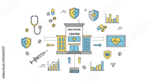 Healthcare Center Building with Medical Icons and Graphics.