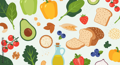 Healthy Food Assortment Flat Lay with Fresh Vegetables Fruits and Grains.