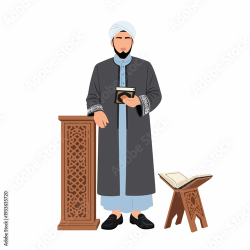 Muslim religious scholar in traditional attire holding a holy book. Standing by a carved lectern with an open Quran on a rehal, symbolizing Islamic education.