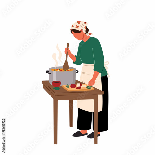 Woman in a headscarf stirring a steaming pot of homemade soup, preparing fresh vegetables on a cutting board for a wholesome meal.