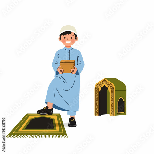Smiling Muslim Boy with Charity Box and Prayer Mat, Symbolizing Giving and Faith during Islamic Celebrations like Ramadan or Eid