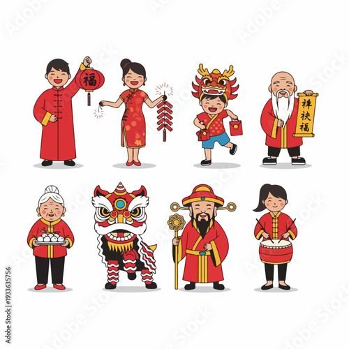 Happy Chinese New Year celebration with traditional characters, lion dance, God of Wealth, and festive elements in a joyful cartoon illustration.