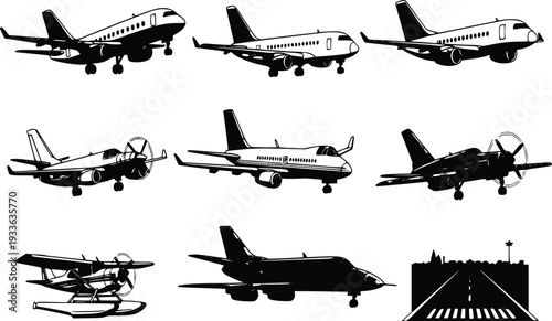 Zoom in and out animation the airplane symbol. Large black symbol in the center and four small symbols around. Seamless looped 4k animation on white background