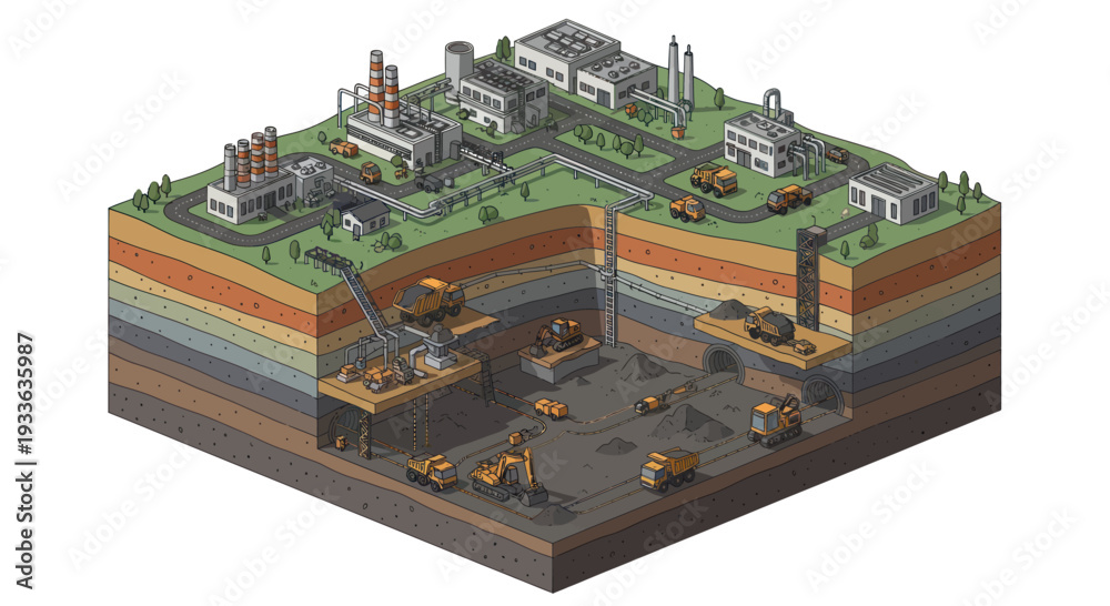 Obraz premium Industrial mining complex extracting resources from underground layers.