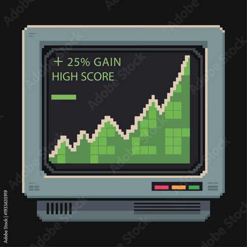 A retro pixel art vector chart displayed on an old CRT monitor. The green pixelated line graph rises sharply with jagged steps. Blocky, pixelated text reads "+25% GAIN" and "HIGH SCORE". 