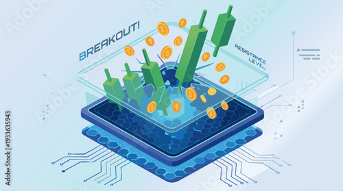 An isometric vector view of a 3D floating platform displaying a dynamic candlestick chart. A series of large green candlesticks breaks sharply upward through a translucent "resistance" glass ceiling