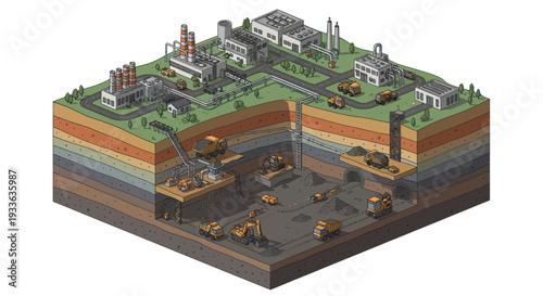Industrial mining complex extracting resources from underground layers.