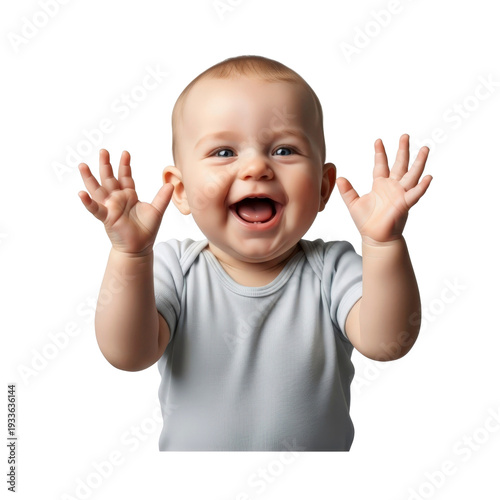 Happy baby with hands raised