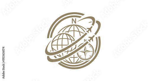 Global Travel and Transportation Emblem with Airplanes and Globes.