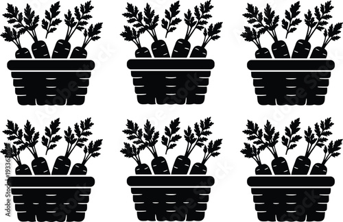 Black Carrot Silhouette Set in Woven Baskets with Leafy Greens Isolated on White Background for Organic Farming Farmers Market Healthy Food and Agriculture Design Projects