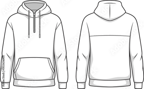 Blank hoodie sweatshirt mockup front and back view with kangaroo pocket and drawstring hood, flat vector apparel template isolated for fashion branding presentation
