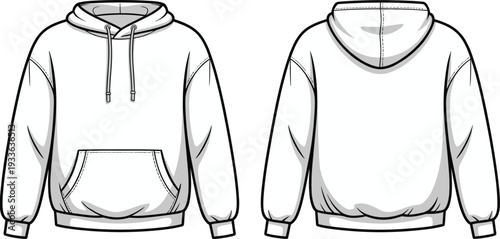 Front and back view of blank hoodie sweatshirt mockup with kangaroo pocket and drawstring hood, flat vector apparel template isolated for fashion branding design