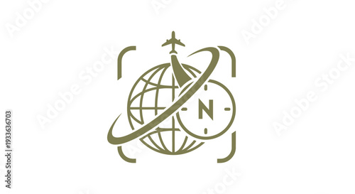 Global Travel and Navigation Emblem with Airplane and Compass.
