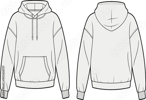 Front and back view of blank hoodie sweatshirt mockup, long sleeve pullover with kangaroo pocket and drawstring, isolated flat vector template for apparel design