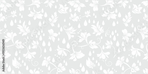 Seamless light gray floral pattern with soft scattered blossoms and leaves. Subtle elegant botanical design in gentle repeating layout. Minimal neutral background ideal for wallpaper, fabric .
